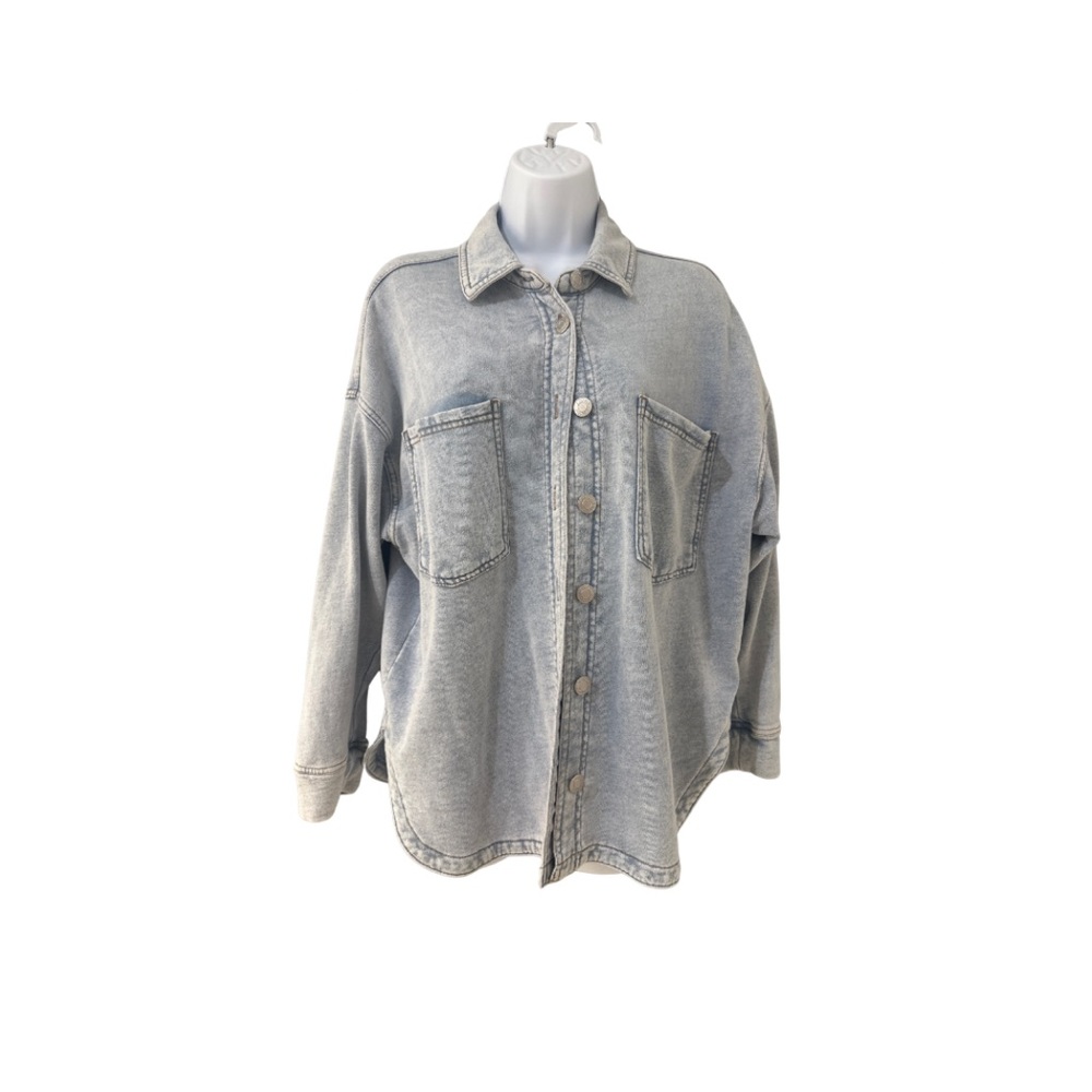 Light Blue Faux-Denim Button-Up Shirt